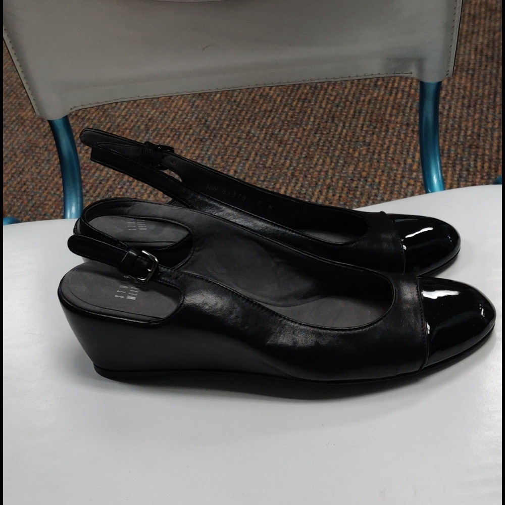 Stuart Weitzman black leather slingbacks wedgies